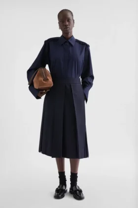 Wool Gabardine Pleated Skirt