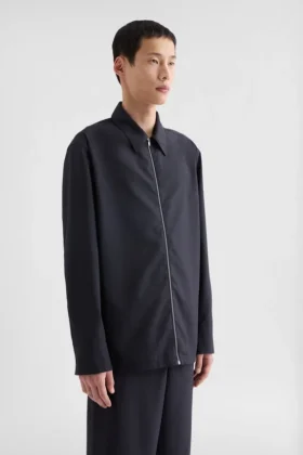 Wool Poplin Zip-Up Shirt